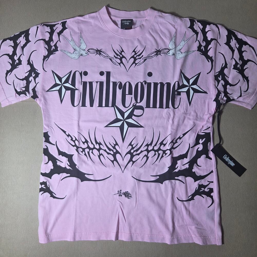 Civil Regime Cyber Tribal Pink Star Graphic Oversized Tee Shirt Men's Large NWT